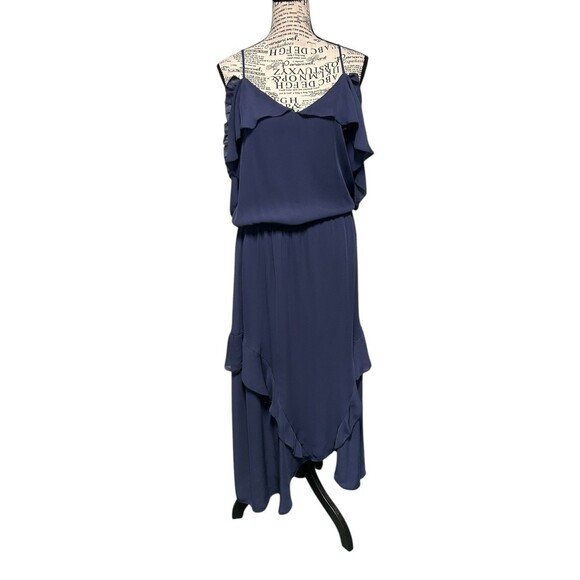 Parker Thatcher Cold Shoulder Ruffled  Dress Size‎ Medium Aquarius Navy Blue - Picture 1 of 10